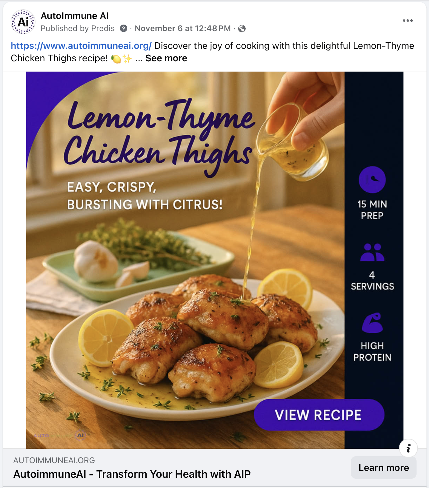 AutoimmuneAI Facebook Recipe Post - Lemon-Thyme Chicken Thighs AIP Recipe
