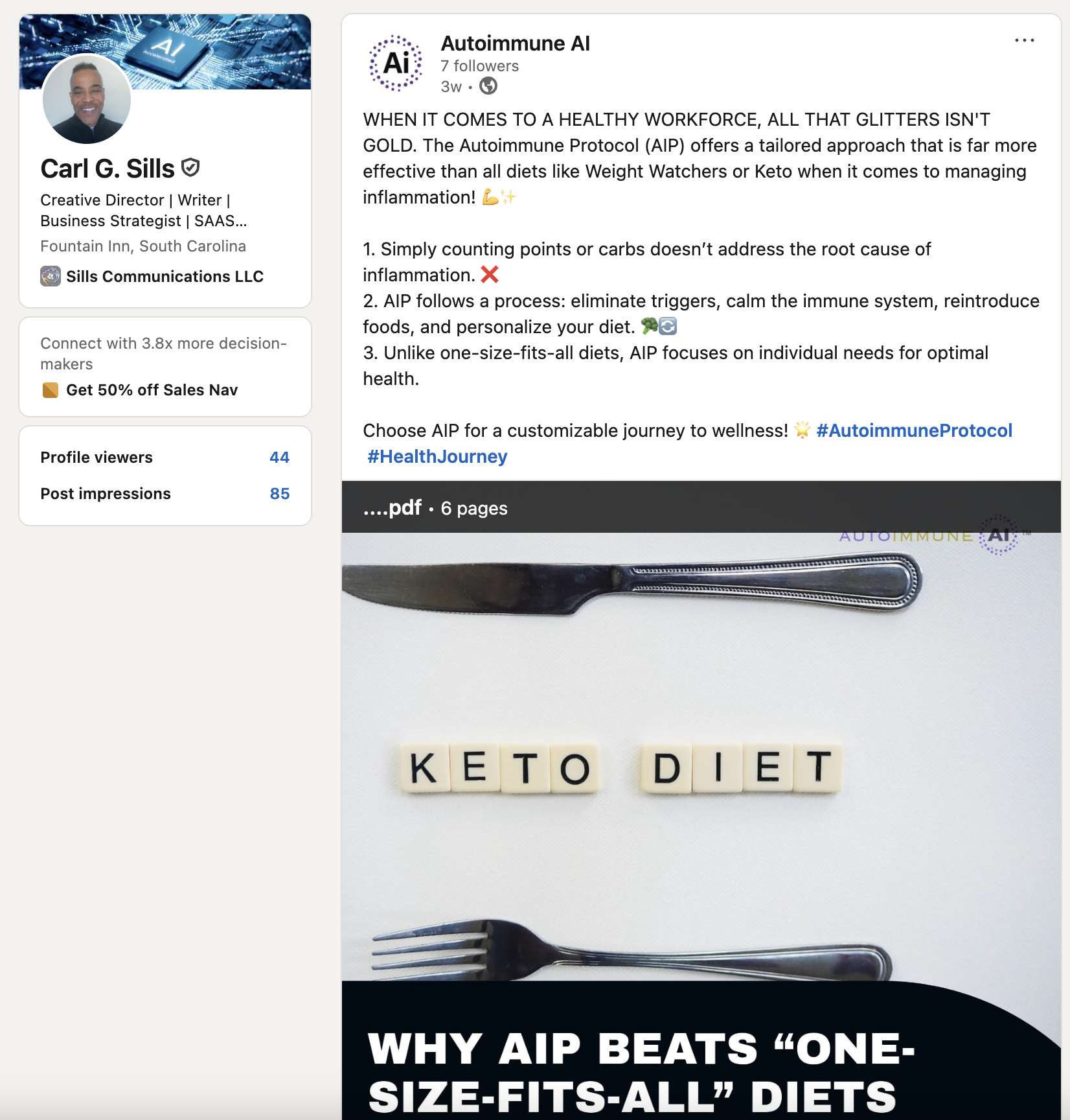 AutoimmuneAI LinkedIn Post by Carl G. Sills - AIP vs Keto Diet comparison